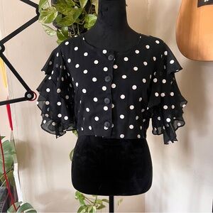 Marnie West 90s Black White Polka Dot Ruffle Crop Top - Medium